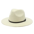 Detail of cream straw Panama hat featuring a black leather band and silver metal buckle - M (56-58cm) / Cream