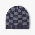 Winter knit beanie featuring navy and grey checkerboard pattern with ribbed cuff - Grey Blue