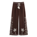 Pantalon marron taille haute pour femme avec broderies de palmiers et cordon de serrage - XS / Brun Rougeâtre
