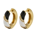 Detail of gold hoops with black and white enamel finish and diagonal zircon inlay - Black Parallel Rhinestones