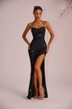 Detail of elegant black sequin evening gown featuring a halter neck and high leg slit - S / Black