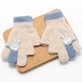 Dettaglio guanti in maglia con toppa coniglio e design bicolore beige e blu - Consigliato 3-7 Anni / Beige