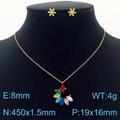 Golden titanium steel jewelry set with colorful crystal petal pendant and 8mm flower studs - Multicolor (KS201528-GG)