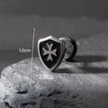 Men's gothic shield stud earring in silver and black steel with Maltese cross relief - Maltese Cross Shield (S191)