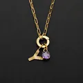 Custom stainless steel letter Y necklace with purple stone pendant in 14K gold finish - Letter Y Style (Steel) / Silver
