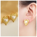 Vintage heart shaped gold titanium steel earrings with white pearl inlay detail - 23# Gold Edge Heart Pearl