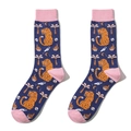 Detail of navy blue cotton socks with leopard print, pink heel and toe, palm tree pattern - One Size / Dark Blue Leopard Bone Style (A1188)