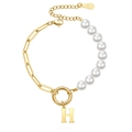 Detail showing 18KGP mark on pin chain bracelet with pearls and 'H' letter pendant - Gold - Letter H