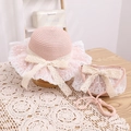 Pink woven straw hat and bag set with white lace bows for girls summer sun protection - 52cm (Recommended for 1-5 Years) / Pink Hat + Bag