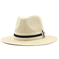 Classic straw Panama hat for beach and sun protection with a striped grosgrain ribbon - M(56-58cm) / Beige