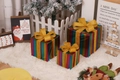 Three iridescent Christmas gift box set with golden glitter ribbons and bows - Violet Striped Christmas Gift Box
