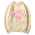 Cream MAMA Est 2025 hoodie featuring pink coquette bows and soft cotton fabric - Khaki Slogan