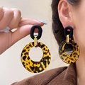 Vintage leopard print acrylic hoop earrings with black geometric details for women - 41# Silver Earring Post-Leopard-Hoop (Leopard Hoop Black)