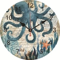 Vintage nautical silent wall clock featuring a blue octopus and retro world map design - Vintage Map Octopus