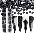Close-up of black flatback rhinestones in a 12-grid box and nail art display effects - SS4-SS12-3600Pcs/Box / Black