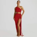 Red one-shoulder cutout dress with waist lace-up detail and high slit evening gown - Red