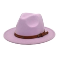 Detailed shot of purple wool fedora hat featuring a stylish brown leather buckle band - M (56-58cm) / Taro Purple