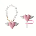 Pink heart charm with white pearl chain and golden clasp for Stanley cup straw - Set-Pink