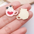 Pink cat coffee cup enamel pendant with red heart, small DIY alloy charm accessory - Pink Cup White Cat - Heart