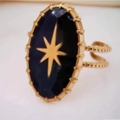Vintage gold triple-layer open ring with oval black stone and north star detail - Enamel Celestial Star
