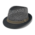 Straw jazz hat with black and white grid weave and a tan striped decorative band - M / Black (Mesh Webbing)