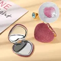 Pink glitter heart-shaped portable makeup mirror with folding double-sided design - Pink With Silver Inner Frame + Opp Bag ♜