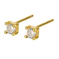Minimalist S925 sterling silver gold stud earrings with round clear zircon in 4-prong setting - White Zirconia (April)