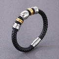 Pulsera trenzada de cuero negro para hombre con cuentas de acero pulido oro y plata - Pulsera (KB125308-TXH) / Oro y Plata