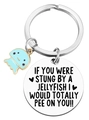 Porte-clés Big Sister avec plaque en acier et pendentif méduse en émail bleu - Style de plaque ronde méduse en émail bleu (JR12)