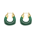Detailed view of large U-shaped emerald green resin earrings with gold metallic clips - Chunky Acrylic U-Shaped Hoop Earrings - Dark Green