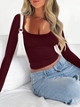Chic Y2K solid wine red long sleeve top with square neck and slim fit design - S / Burgundy