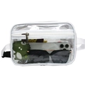 Internal view of transparent PVC waist bag showing sunglasses and mobile phone storage - White