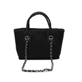 Minimalist black canvas tote bag with dual handles and silver metallic chain strap - Small / Black