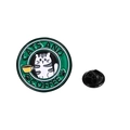 Round enamel pin featuring a grey cat holding a coffee cup with a green border design - Cats and Coffee Round Style (CZ0535-3)
