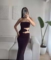Detail of dark brown bodycon dress featuring side cut-out and metal ring accent - S / Reddish Brown