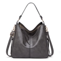 Dark gray hobo tote bag in lychee pattern PU leather with golden hardware and long strap - Single Piece / Dark Gray