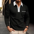 Slim fit long sleeve black polo shirt with white collar and zipper for men - Black and White