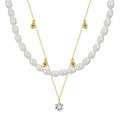 Elegant gold layered necklace featuring a white pearl, gold bead, and a zircon pendant - Gold Double Layer Rice Pearl(30起订-GPN29-14k)