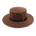 Détail d'un chapeau de paille marron avec ceinture en cuir noir et boucle en métal argenté - M(56-58cm) / Café