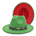 Chapeau fedora vert bicolore avec bord rouge et ceinture imprimée serpent colorée - M (56-58cm) / Vert Herbe et Rouge