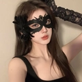 Elegant black lace masquerade mask with dark gemstones and matching long lace gloves set - TS1148-3 Black Gem Feather Mask Gloves Set
