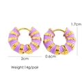 Detail view of purple enamel hoop earrings with gold spiral stripes and size dimensions - Violet