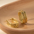 U-shaped gold stainless steel earrings featuring an intricate woven wheat pattern texture - Wheat Hoop Earrings (BJGE0868) / Gold