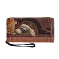 Cartera larga de cuero PU marrón con estampado de perezosos y flores y correa de mano - Lindo Perezoso y Flores
