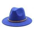 Detail of royal blue wool fedora with woven brown cord and gold metal chain band - Blue