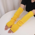 Yellow long knitted arm warmer sleeves for women with fingerless thumb hole design - One Size / Yellow