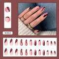 Unghie finte a mandorla con motivi a onde astratte marrone scuro e rosa acceso - Tipo di Colla / Stile a Onde Rosa Caffè (W402)