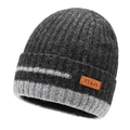 Winter men's thick knit beanie in dark grey with light grey stripe and leather patch - One Size / Marl Grey