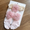 Pink ribbed baby socks and lace headband set with delicate mesh flower decorations - Pink Flower Set