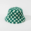 Close-up detail of green and white checkerboard plush bucket hat with soft fur texture - M (56-58cm) / Green